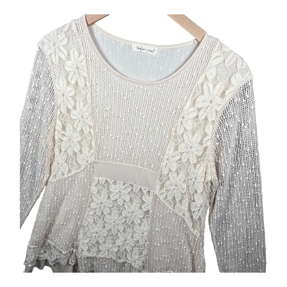 Indigo Soul‎ Tunic Top Womens Large Lace Crochet Knit Bohemian Blouse Career